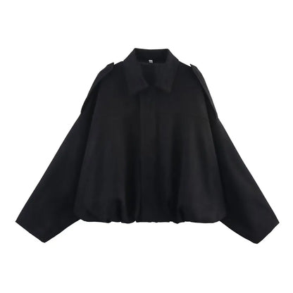 ETJ 2025  Spring new women's suede texture effect Loose version of fashion lapel shoulder bomber jacket