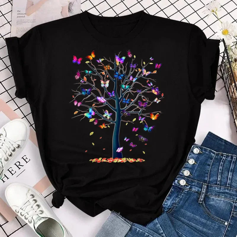 Y2k Women's Colorful Butterfly Petal Print T-Shirt, Short Sleeve, Round Neck, Cute Graphic Tee Shirts, Female Tops Clothes