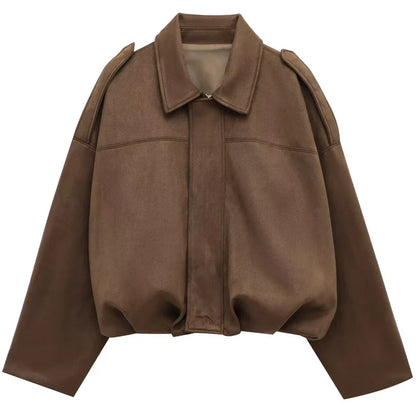 HXAO Suede Cropped Jacket Women's Bomber Jacket Oversized Batwing Sleeves Outerwears Lady Casual Loose Coat Street Style Jackets