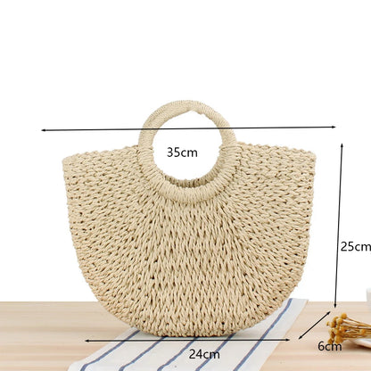 Summer Handmade Bags for Women Beach Weaving Ladies Straw Bag Wrapped Beach Bag Moon shaped Top Handle Handbags Totes
