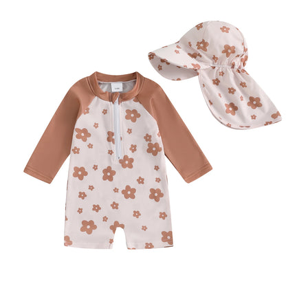 Toddler Girls Boys Beach Wear Kids Swimwear Summer Long Sleeve Floral/Tropical Print Zip Up Bathing Suits with Hat For Swimsuit