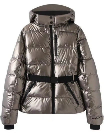 2025 Women Winter Hooded Down Jackets With Belt Lady Warm Thick Long Sleeve Stand Collar Parkas Padded Coats Sports Ski Outdoor