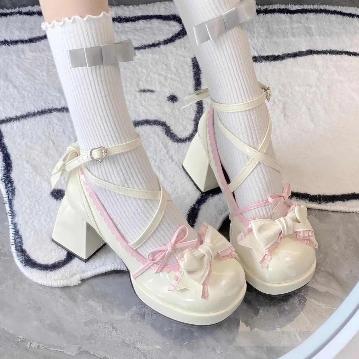 Lolita Shoes Women High Heels Shoes Woman Chunky Sandals Summer Mary Janes PU Leather Shoes Retro Bow Party Platform Pumps