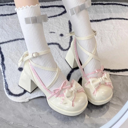 Lolita Shoes Women High Heels Shoes Woman Chunky Sandals Summer Mary Janes PU Leather Shoes Retro Bow Party Platform Pumps