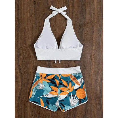 2023 Halter Bikini Set Short Swimsuit Women High Waist Swimwear Female Printed Bathers Swimming Bathing Swim Suit Beachwear