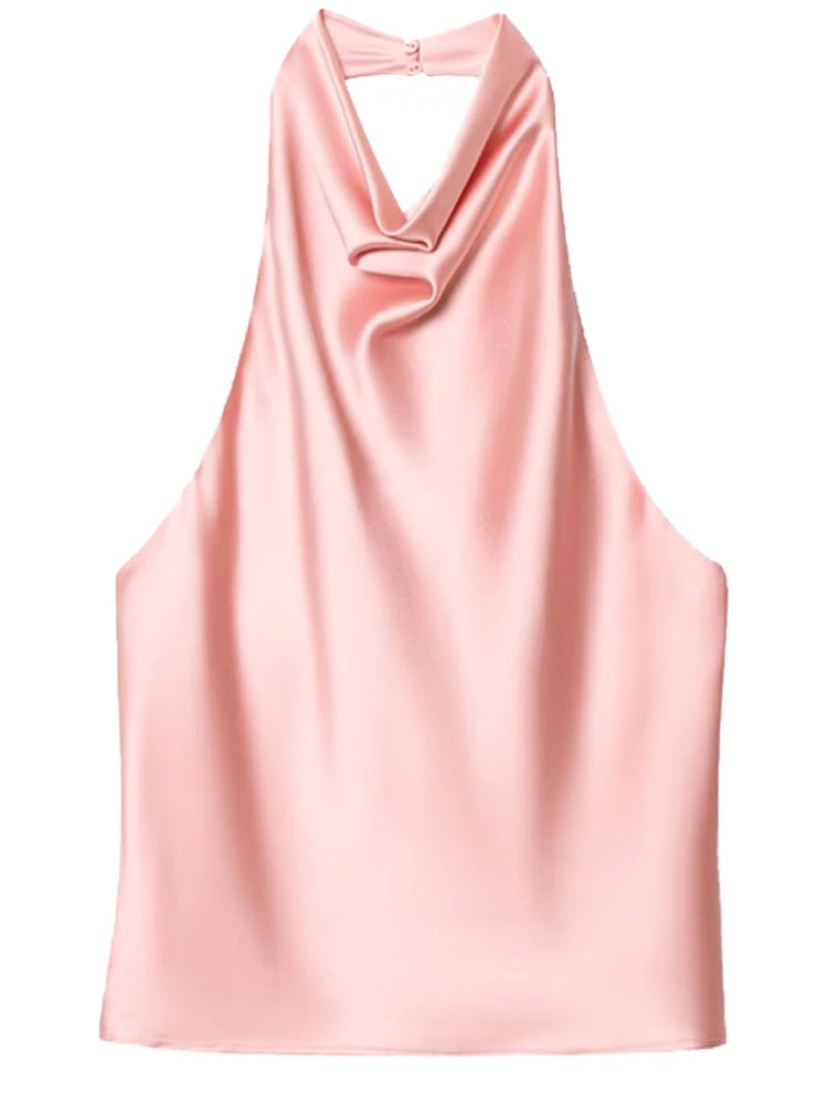 HXAO Top Women Halter Satin Women Tops Backless Corset Top Vest Yellow Pink Black Summer Elegant Sexy Tops Tank Vestidos