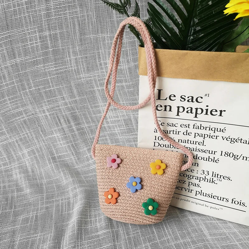 Summer Children's Straw Woven Messenger Bag Lovely Girls Small Coin Purse Handbags Baby Kids Mini Shoulder Bags Princess Wallet