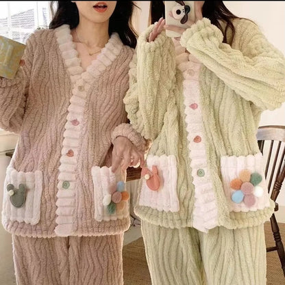 Épaissi chaud flanelle femmes vêtements de nuit vêtements de détente Cardigan costume hiver doux Kawaii doux  dames pyjamas Home
