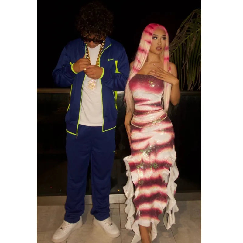 Women Halloween Shark Tale Lola Costume Dress Anime Sexy Ruffle Hem Fish Strapless Tube Cosplay Maxi Dress