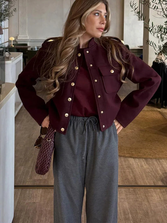 HH 2024 Fashion Women Soft Tweed Bomber Jacket O-Neck Long Sleeve Pockets Buttons Loose Woolen Coat Female Streetwear