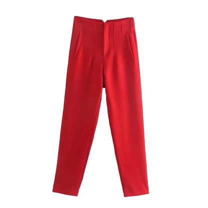 DUOPERI Women Fashion Solid Basic High Waist Trousers Chic Female Office Lady Casual Business Workwear Long Pant