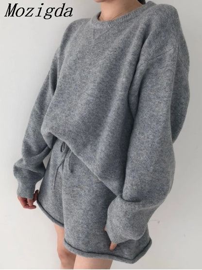 Korean Style Sweater Two 2 Piece Set Women Vintage Autumn Winter Pullover Knitted Tops + Casual Shorts 2 Piece Outfits Female