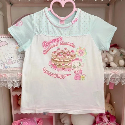 Japanese Kawaii Crop Tops Cartoon Print Harajuku Lolita Short Sleeve T-shirts Women Y2k Aesthetic Slim Tee Vintage Fairy Grunge