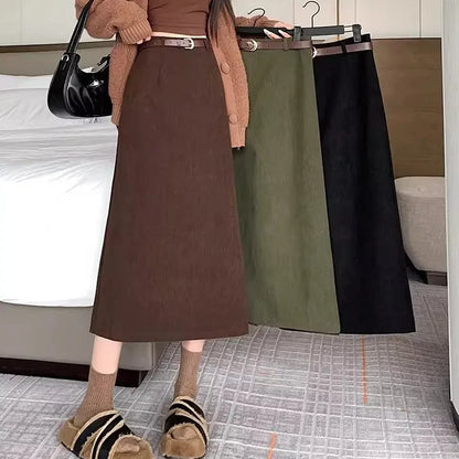Retro Hong Kong Style Thickened Corduroy Solid Color Half-length Skirt Women's Autumn Winter Wraparound Skirt Mid-length Skirt