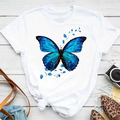 Y2k Women's Colorful Butterfly Petal Print T-Shirt, Short Sleeve, Round Neck, Cute Graphic Tee Shirts, Female Tops Clothes