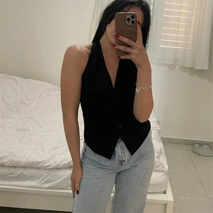 MUJER Off Shoulder Sleeveless Vest Women Black White Cropped Vest Woman Fashion Backless V Neck Short Coats Summer Waistcoat
