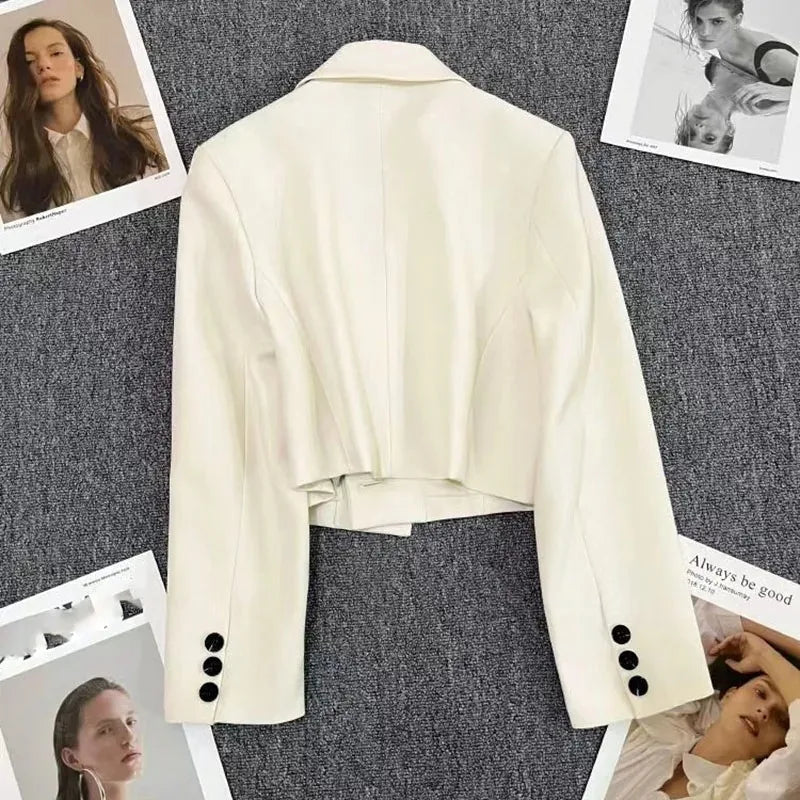 Black Cropped Blazers Woman Trend 2024 New All-match Notched Collar Crop Jacket Women Korean Chic Single Button Suit Coat