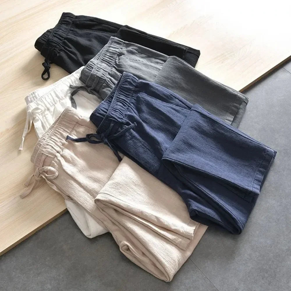Men's Cotton Linen Casual Pants Baggy Streetwear Men Joggers Sports Trousers Solid Color Long Straight Trendy Pants for Men