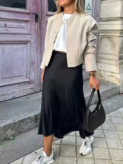 HH 2024 Y2K Casual Women Long Skirt Spring Elastic High Waisted A-Line Casual Female Satin Skirts High Street Lady Skirts