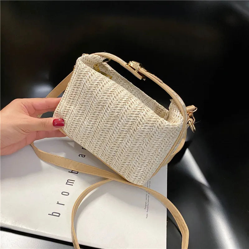 HOMEFISH Summer Small Straw Handbag Trendy Shoulder Bag Woven Bucket Crossbody Bag Casual Seaside Beach Bag Gilrs Handle Tote