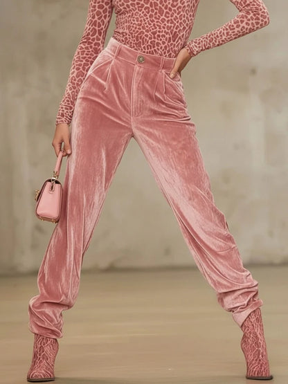 Bonboho Women's Pink Velvet High Waist Pants Buttoned Loose Fit Full Length Trousers 2026 Stylish Pleated Pants Matching Bottoms