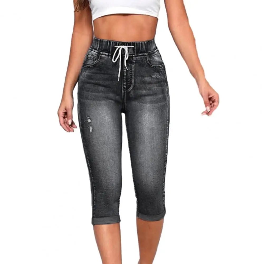 2024 High Waist Jeans Women Leggings Vintage Elastic High Waist Drawstring Pockets Denim Pants Calf Length Jeans Slim Fit Capris