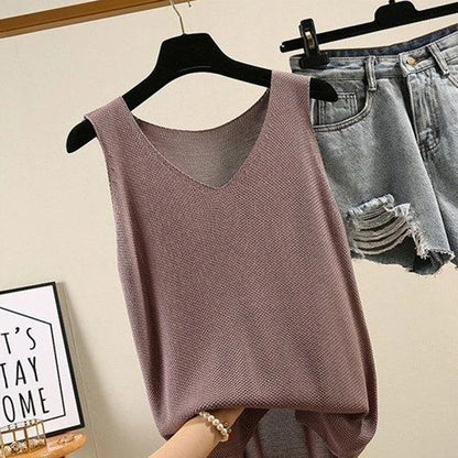 Fashion Woman Blouses 2024 V-neck Knitted Blouse Shirt Women Clothes Sleeveless Summer Blouse Women Womens Tops And Blouses C860