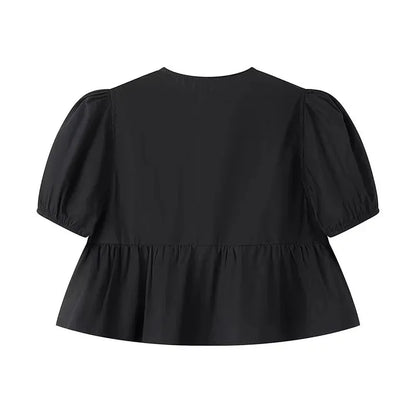 MUJER White Ruffle Crop Top Women Black Short Puff Sleeve Blouse Female Bow Tied Summer Blouses Woman 2025 Ruched Cute Tops
