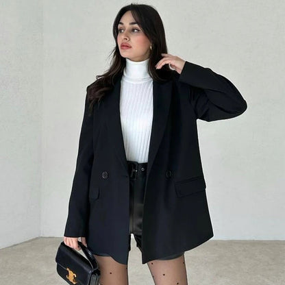 HXAO Blazer Women Double Breasted Pocket Women's Jacket 2025 Long Sleeve Casual Blazers Woman Chic Office Wear Ladies Coat