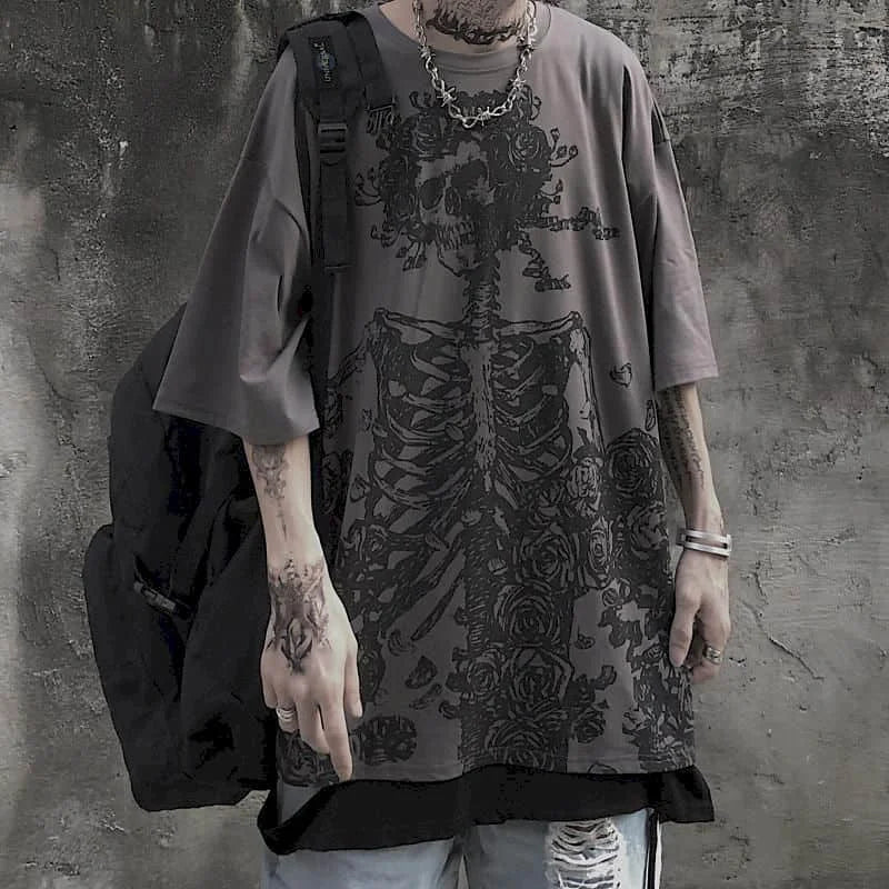 Men T-shirts 2026 Summer Streetwear High Street Gothic Skull Tshirt Loose Oversized Short-sleeved T shirt Dark Anime Men Y2k Top