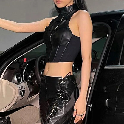 SUCHCUTE Punk Style Leather PU Patchwork Crop Tops Women Grunge Biker Sleeveless Corset Tank Top Streetwear Dark Academia Vest