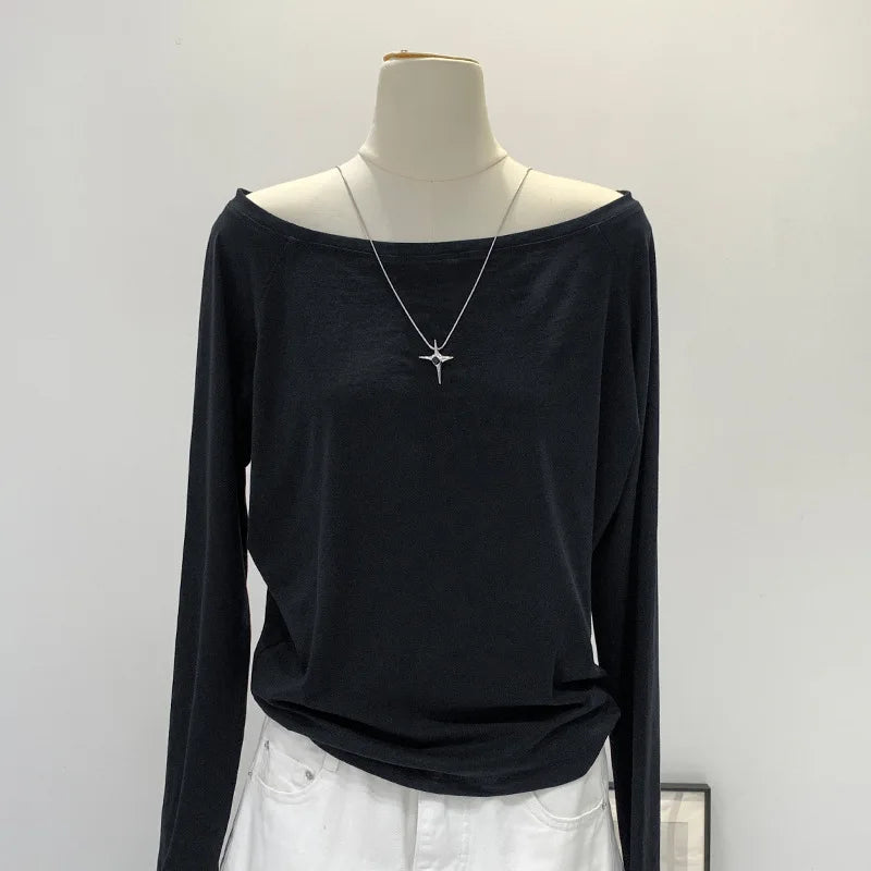 Autumn Winter One Shoulder Cotton Long Sleeve Slant Shoulder Women's Clothing Style Interior Wide Truffle Shoulder Base Shirt
