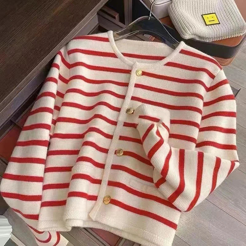 Stripe Knitted Cardigan Women Spring Autumn O-neck Single Breasted Long Sleeve Crop Tops Fashion Casual Chic Female Sweaters