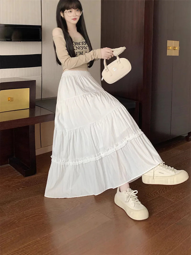 Matching Chic lady's white skirt sweet girls cake skirt elastic waist a line mid length flare skirt