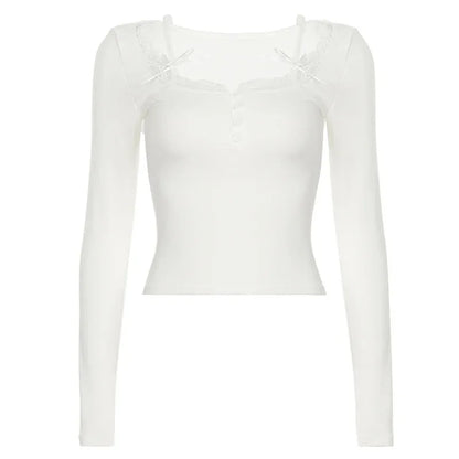 SweetSpicy Lace Stitching Square Collar Neck Long Sleeve T-Shirt Button-Up Cut-Out Slim Fit Knit Short Jacket
