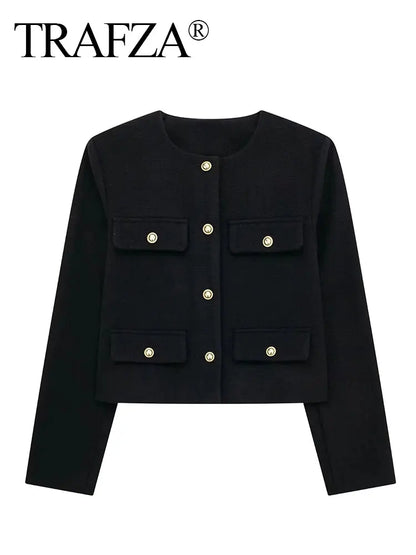 HH Women Vintage Solid Coat Button Long Sleeve O Neck Jacket With Pocket 2024 Spring Elegant Female Casual Outerwear Jakcet