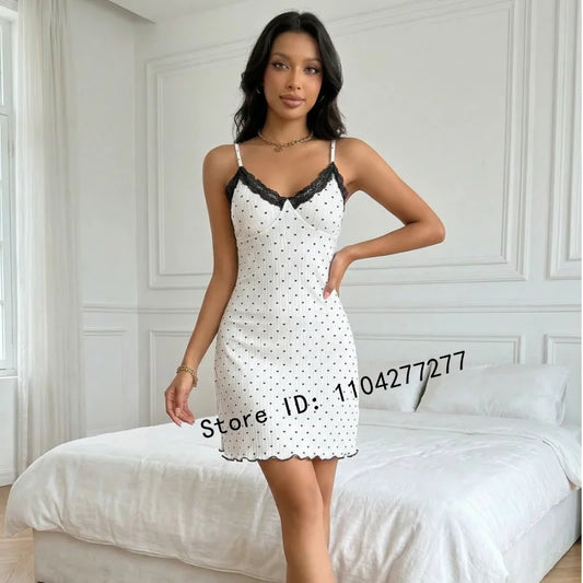 Women's Heart Print Lace Trim Camisole Nightdress,Sleeveless V-Neck Slim Fit Sexy Sleep Dress For Summer Daily Loungewear