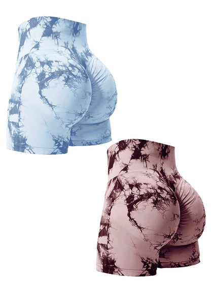 2PCS Tie Dye Butt Lifting Sexy Gym Shorts Woman Skinny Stretch High Waist Sport Shorts Casual Seamless