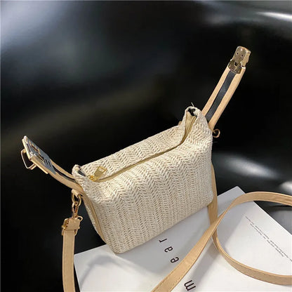 HOMEFISH Summer Small Straw Handbag Trendy Shoulder Bag Woven Bucket Crossbody Bag Casual Seaside Beach Bag Gilrs Handle Tote