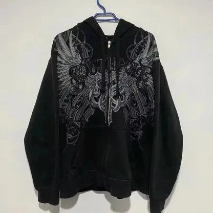 American Double-Sided Plaid Loose Zipper Hoodie Men Y2K New Harajuku Hip-Hop Gothic Couple Casual Joker Sweatshirt Street Wear
