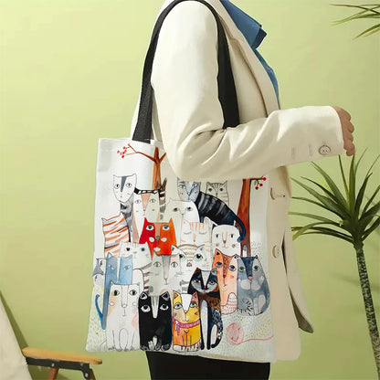 Many Cats Painting Tote Bag, Summer Travel Beach Shoulder Bag, Reusable Grocery Shopping Bag
