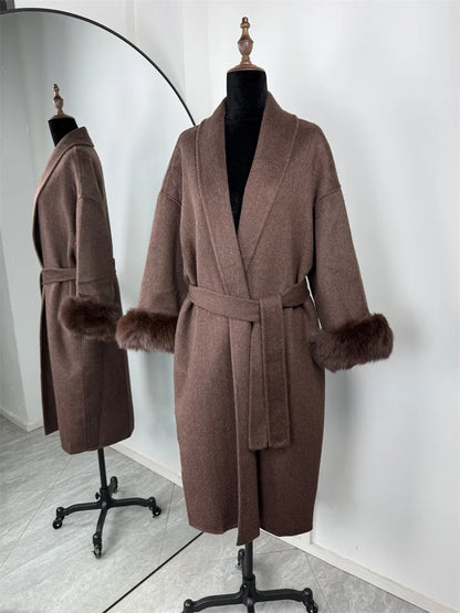 Tossy Fox Fur Wool Overcoat Women's Short Coat Office Lady Elegant Double-sided Woolen Coat 2025 New Cardigan Jackets Loose Wool