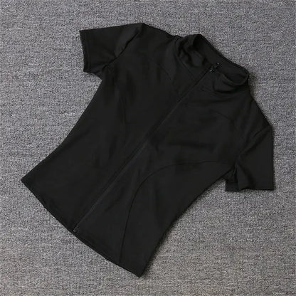 Women Summer Slim Yoga Tops Stand Collar Full Zipper Short Sleeves Shirts Solid Workout Clothes Gym Running Coats Lady Casual