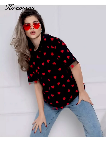 Hirsionsan Heart  Mesh Patchwork Vintage T Shirt Streetwear Aesthetic Chic T Shirt Women Casual Cotton Short Sleeve Tops Y2k
