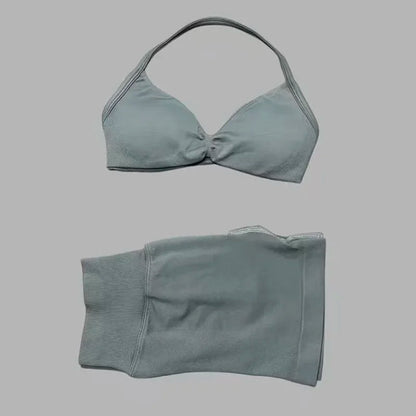 HISTELLO Gym Set 2 Piece Women Strappy Yoga Bra Top Workout Scrunch Shorts Sports Suit Fitness Clothes Seamless Yoga Set