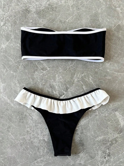 Women's Strapless Swimsuit 2-piece Suit Solid Color Patchwork Push Up Ruffle Thong Beach Hot Spring Bikini Set 2026 New Swimwear