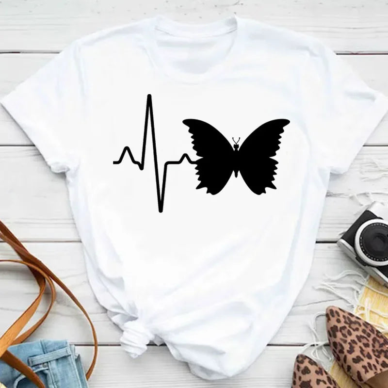 Y2k Women's Colorful Butterfly Petal Print T-Shirt, Short Sleeve, Round Neck, Cute Graphic Tee Shirts, Female Tops Clothes