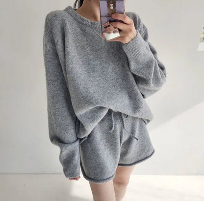 Korean Style Sweater Two 2 Piece Set Women Vintage Autumn Winter Pullover Knitted Tops + Casual Shorts 2 Piece Outfits Female