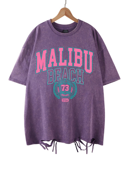 Malibu Beach Washed T-Shirt Women Letter Printing Cotton T Shirt Comfortable Crewneck Tops Casual Oversized Tees Female Clothes