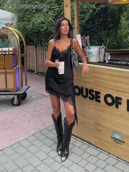 Sexy Solid Sling Lace Dress For Women Fashion Off Shoulder Backless High Waist Mini Vestidos 2025 Chic Summer Holiday Dresses